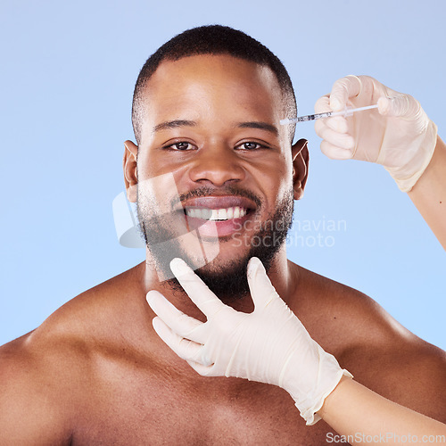 Image of Needle, man and portrait for skincare, beauty process and filler in studio. Face of black male model, hands of surgeon and injection for plastic surgery, facial change and prp cosmetics on background