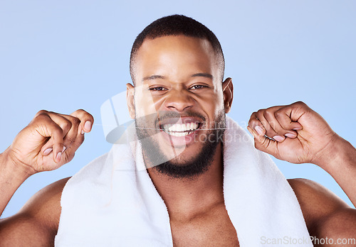 Image of Portrait, man and floss teeth for smile, dental health and care for gum gingivitis in studio. Face of happy black male model, oral thread and cleaning mouth for fresh breath, tooth hygiene and beauty