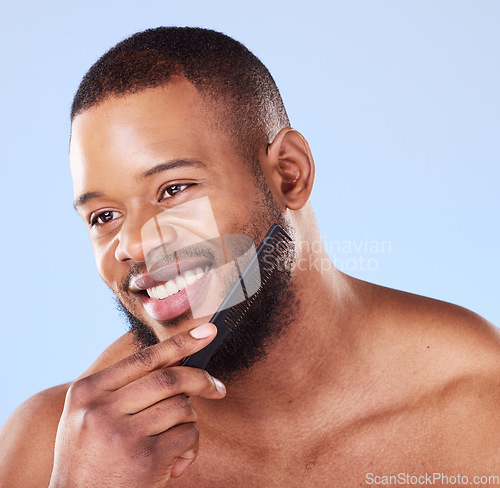 Image of Black man, beard and comb in studio for beauty, aesthetic grooming and barber cosmetics. Face of male model, brush and facial hair care product, tool or accessory for routine, skincare and aesthetics