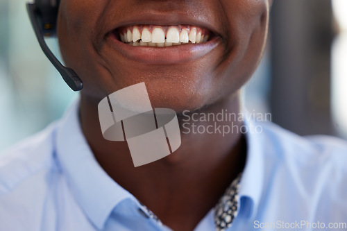 Image of Customer service smile, call center and mouth of person consulting on contact us CRM, headset microphone or telecom. Help desk consultation, closeup or telemarketing consultant happy for tech support