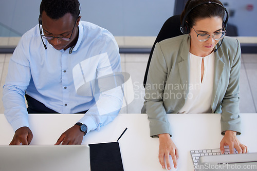 Image of Customer support, call center computer or diversity business people consulting on help desk consultation service. Networking communication, telemarketing and top view of team typing insurance advice