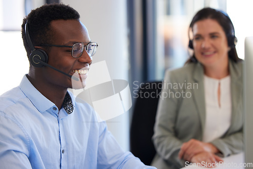 Image of Customer service, callcenter or happy people, black man or business agent consulting on help desk consultation. Networking communication, diversity or telemarketing team smile for sales pitch success