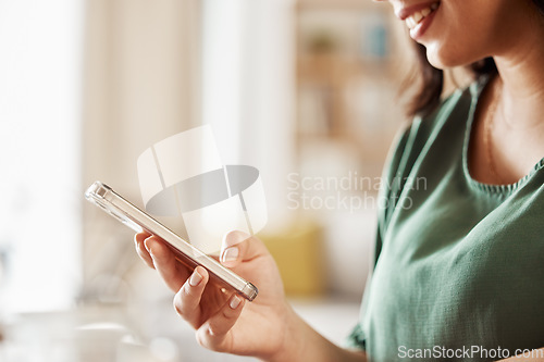 Image of Woman, hands and typing with phone on social media, reading notification and online networking. Closeup of female person, smartphone and app user download mobile games, search digital tech or contact