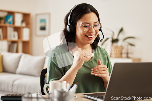 Image of Home customer support, laptop video call and happy woman explain insurance service, telecom or sales in webinar. Freelance remote work, online conference or person consulting on networking connection