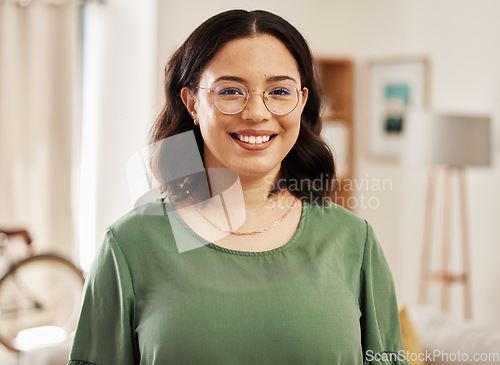 Image of Happy, home and portrait of relax woman with eye care glasses, lens frame or smile for weekend free time. Happiness, eyeglasses and face of young person in apartment living room with positive mindset