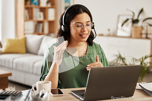 Image of Home customer support, laptop video call and woman explain consultation, ecommerce or sales pitch in webinar. Freelance, remote work receptionist or person consulting on online conference discussion