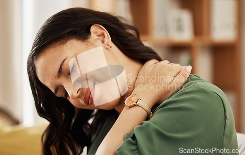 Image of Woman, hands and neck pain on sofa, massage or stress injury for burnout, emergency or medical problem. Girl, arthritis or fibromyalgia with fatigue, tired and accident in home living room on couch