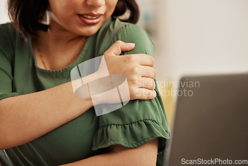 Image of Hands, shoulder pain and woman in office, laptop or stress injury for burnout, emergency or health problem. Social media editor, arthritis or osteoporosis with fatigue, tired or accident in workplace