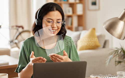 Image of Home customer support, laptop video call and woman smile, talking and explain consultation, ecommerce or networking. Freelance, remote work secretary and person chat on online conference conversation