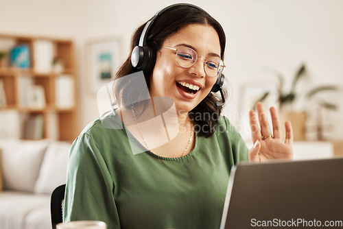 Image of Home customer service, laptop video call and happy woman wave hello on freelance online conference communication. Telemarketing, remote work or person talking on tech support, help desk or webinar