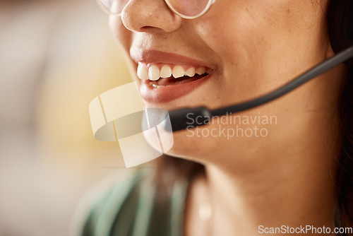 Image of Customer support, microphone headset and mouth of happy woman consulting, networking and chat on telecom service. Call center communication, contact us and closeup person talking on loan sales pitch