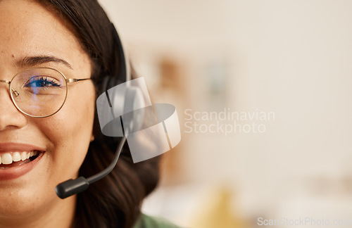 Image of Customer support communication, home portrait and happy woman consulting on microphone, headset or telecom mockup. Freelance, remote work space and half face of closeup person on consultation service