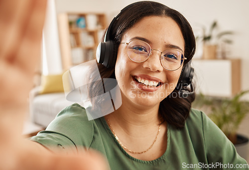 Image of Woman, call center and selfie portrait for smile, post or work from home office with headphones, mic or blog. Influencer girl, telemarketing agent or happy crm for memory, social media or photography