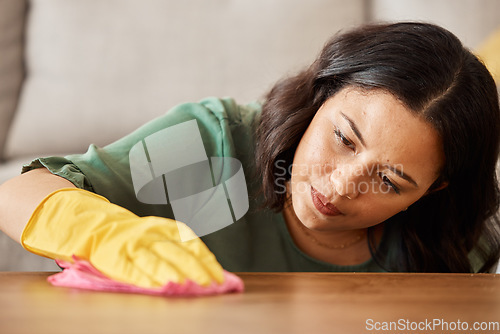 Image of Home, furniture and woman cleaning, cloth and housekeeping with dust, bacteria and hygiene. Female person, cleaner and lady wiping the table, chores and disinfection with tidy household and fresh