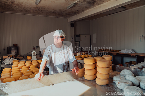 Image of The cheese maker sorting freshly processed pieces of cheese and preparing them for the further processing process