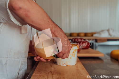 Image of Cheese maker working in the industry for manual production of homemade cheese