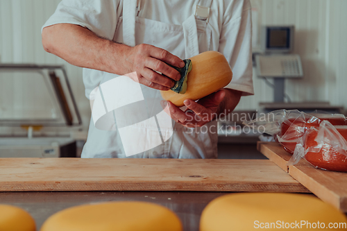 Image of Cheese maker working in the industry for manual production of homemade cheese