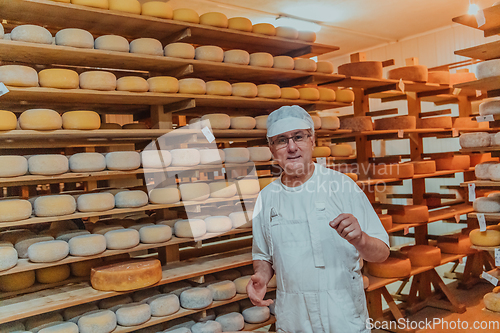 Image of A worker at a cheese factory sorting freshly processed cheese on drying shelves