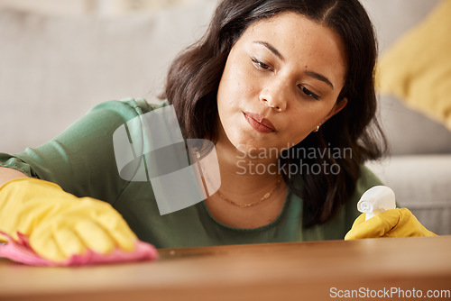 Image of Home, dust and woman cleaning, cloth and housekeeping with, bacteria, disinfection and hygiene. Female person, cleaner and lady wiping the table, chores and apartment with tidy household and service