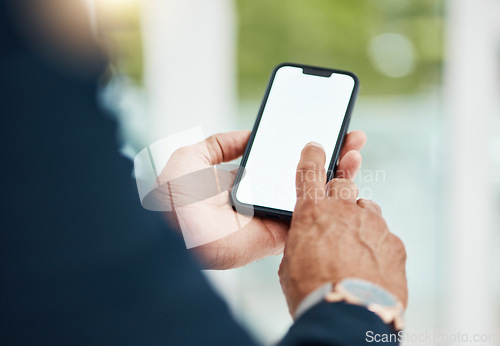 Image of Mockup cellphone screen, hands and person communication, graphic or typing mobile app search, review or feedback. Smartphone software upgrade, closeup and agent email, agenda or scroll on UI space