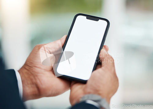 Image of Mockup phone screen, hands and business person communication, graphic or online website, social media or report. Closeup cellphone UI, advertising space and consultant email, schedule or news article