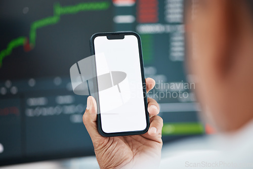 Image of Mockup phone screen, person hands or stock market results, graphic or financial economy feedback, trading news or report. Closeup cellphone, invest or trader reading finance income, revenue or profit