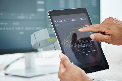 Image of Tablet screen, stock market and hands of man in office for investment graph, cryptocurrency and finance. Digital, technology and research with closeup of person for economy, analytics or trading