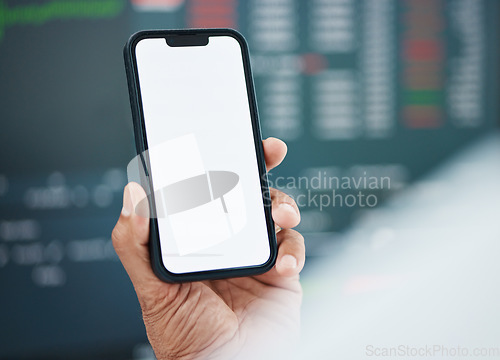 Image of Mockup phone screen, person hands and stock exchange article, financial economy review or IPO launch news. Closeup cellphone UI, investment review or broker reading finance numbers, revenue or profit