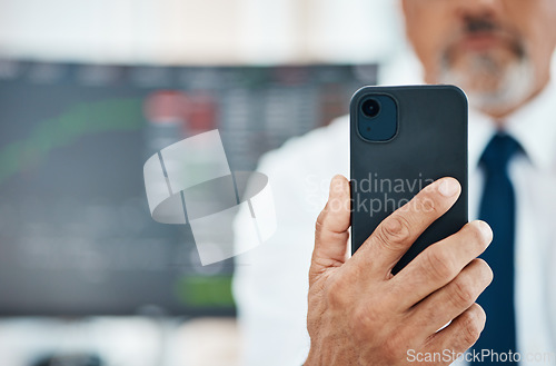 Image of Cellphone, hands and business man trading crypto, NFT or invest in stock market exchange, IPO or fintech company. Closeup phone mockup, economy news and male trader reading financial accounting info