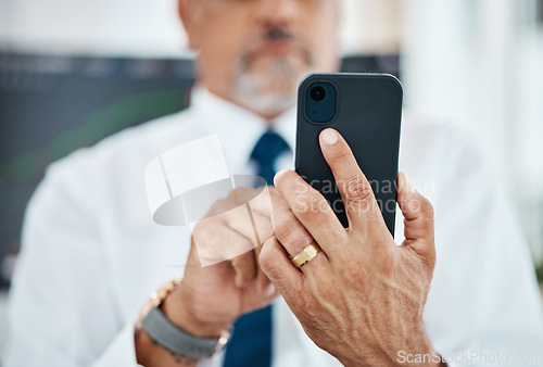 Image of Networking cellphone, hands and business man typing, scroll or search online database, texting or contact user. Closeup smartphone connection, application and professional person check research info