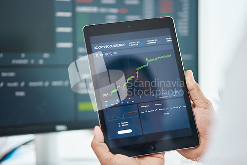 Image of Tablet, stock market and trading with hands of man in office for investment graph, cryptocurrency and finance. Digital, technology and research with closeup of person for economy, analytics or profit