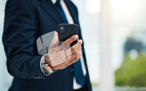 Image of Phone, hands and business person communication, reading or search online website, social media or contact app user. Closeup cellphone, networking and corporate employee check email, schedule or news