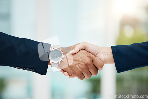 Image of Closeup, business and handshake with agreement, deal and contract with partnership, collaboration or greeting. Zoom, staff or shaking hands with cooperation, job interview or hiring with recruitment