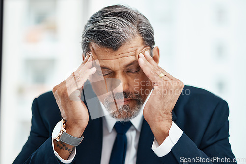 Image of Headache, professional and senior man with burnout with crises or corporate mistake in office. Senior male person, migraine and management with stress or depression and pain or fatigue at workplace.