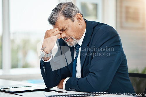 Image of Headache, stress and business man in office for financial report, mistake or problem and career crisis with documents. Pain, frustrated or fatigue of executive, CEO or person for accounting or taxes