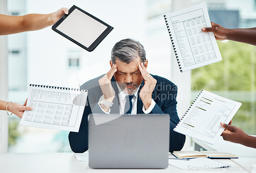 Image of Headache, chaos and business man or manager stress for documents, tablet crisis and accounting problem. People hands, taxes and laptop of tired CEO for multitask, digital mockup and brain fog or pain