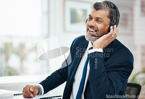 Image of Listening, call center and mature man with smile for business, customer service and talk for crm support. Communication, telemarketing and happy professional, sales agent or entrepreneur at help desk