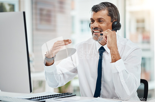 Image of Computer, call center and mature man talking for business, customer service or listen for support. Contact us, telemarketing and happy professional, sales agent or crm consultant working at help desk