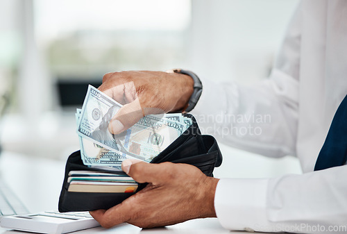 Image of Business man, hands and wallet of dollars for finance, economy and banking investment. Closeup, rich worker and financial money, salary and income bills of budget, savings and accounting of payment