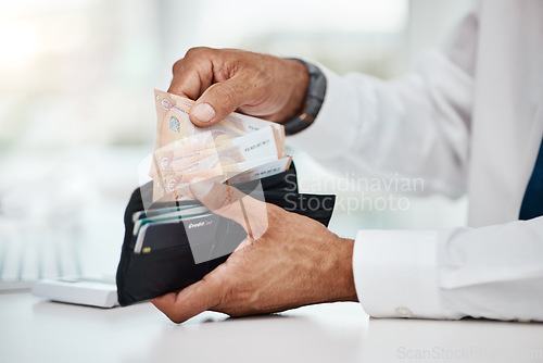 Image of Business man, hands and wallet of euros for finance, trading economy and banking budget. Closeup, rich trader and financial profit of money, income or bonus bills, cash savings or accounting payment