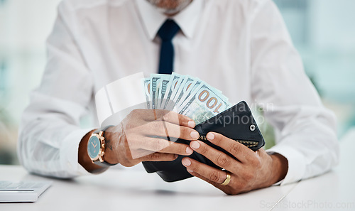 Image of Business man, hands and wallet of money for finance, trading economy and banking budget. Closeup, rich trader and financial growth of salary, income or bonus bills, cash savings or accounting payment