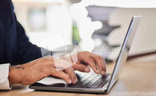 Image of Hands, laptop and business man typing email, planning research and online report at office desk. Closeup, corporate employee working on computer, digital software and network connection in company