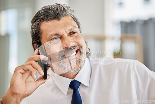 Image of Phone call, happy man and senior manager in office at law firm, consulting on legal advice and communication. Cellphone, smile and businessman, attorney or lawyer in advisory conversation with pride.