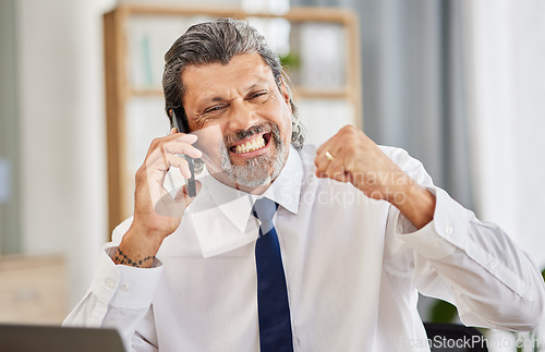 Image of Phone call, happy man and excited senior manager in office at law firm, consulting on legal advice and success. Cellphone, smile and businessman, attorney or lawyer in winning conversation with pride