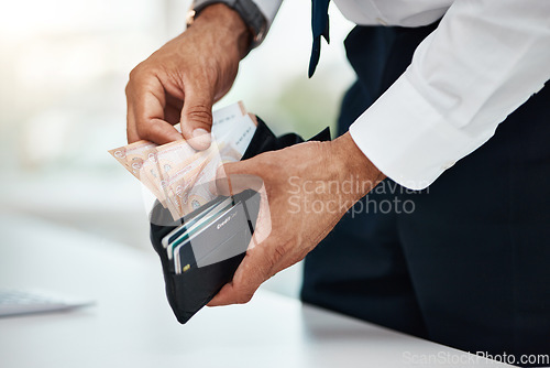 Image of Businessman, hands and money wallet of euros for finance, trading economy and banking budget. Closeup of rich trader, financial profit and income for bonus bills, cash savings and accounting payment