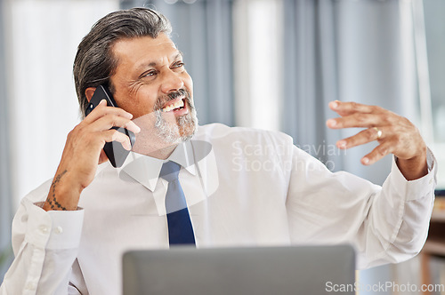 Image of Phone call, happy man and senior manager networking in office at law firm, consulting on legal advice and communication. Cellphone, smile and businessman, attorney or lawyer in advisory conversation.