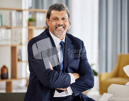 Image of Happy man, portrait and senior manager with confidence at law firm, lawyer in office and leader in government. Judge, attorney or businessman with smile, arms crossed and experience in pride at job.