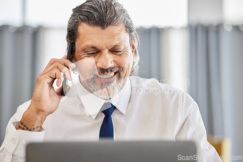 Image of Phone call, man and senior manager with smile in office at law firm, consulting on legal advice and networking. Cellphone, advice and happy businessman, attorney or lawyer in conversation with pride.