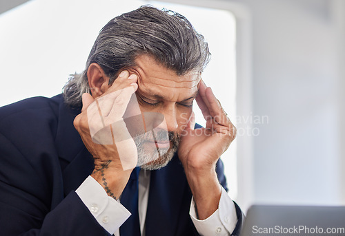 Image of Headache, face and senior business man depressed, frustrated and stress over corporate mistake, bankruptcy or fatigue. Executive crisis, migraine pain and senior person burnout, tired or overwhelmed