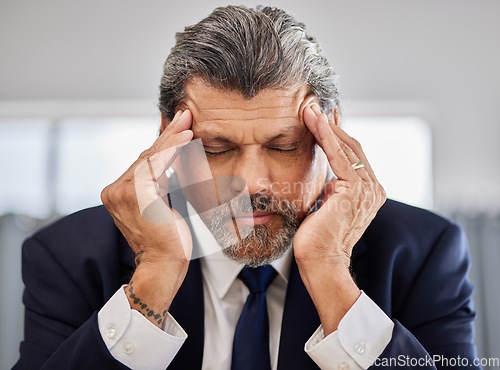 Image of Senior business man face, problem and headache over corporate mistake, company fail and sad CEO tired in office. Mental health anxiety, migraine pain and senior person burnout, fatigue or depressed